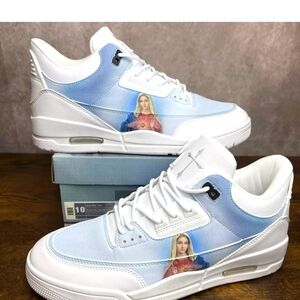 Kito Wares Mother Mary Tribus, Blue, White Grey Men’s Custom Sneakers, NEW w/box